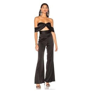 LPA Black Satin Silk Strapless Flare Jumpsuit